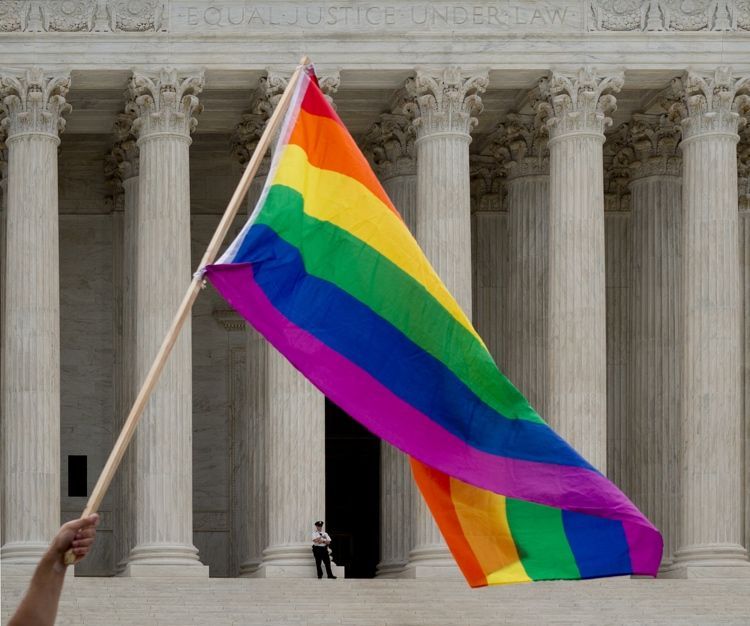 Flag in front of the Supreme Court, June 26, 2015, following decision in the marriage equality case Obergefell v. Hodges.