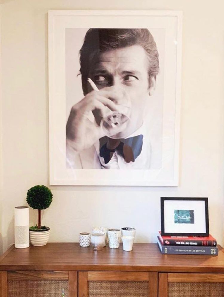 Roger Moore James Bond Black and White Poster in White Gallery Frame